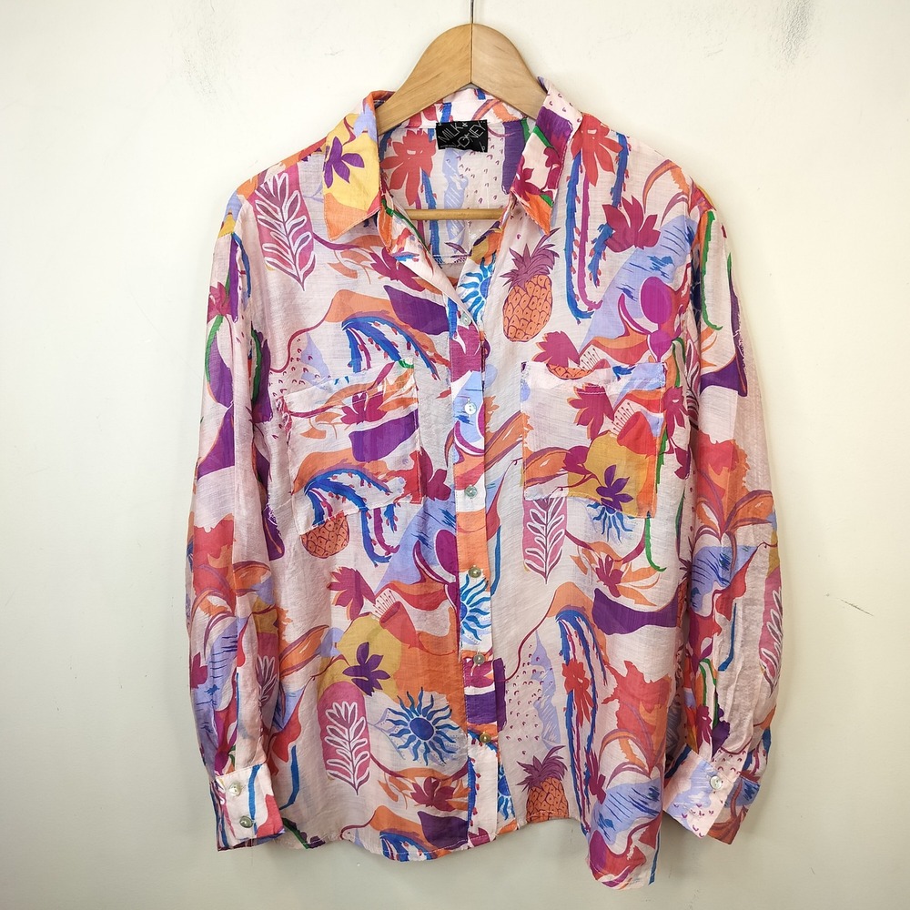 Milk & Honey Floral Button Up Shirt Large Tropical Pineapple Colorful Boho